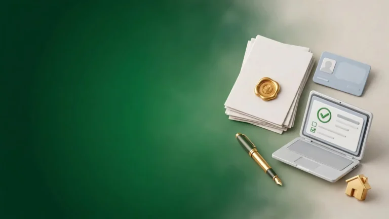 Acte PFA model online: dosar cu documente și sigiliu auriu, carte de identitate, laptop cu formular bifat și stilou