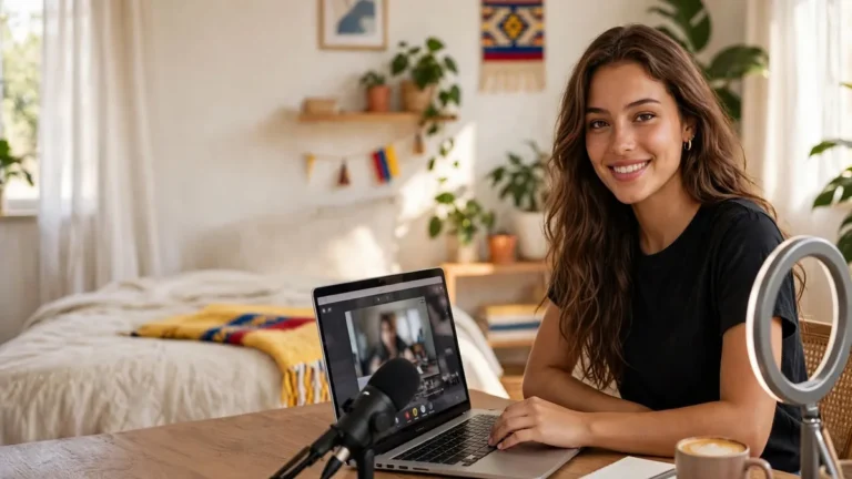 Cam girl información Colombia: modelo webcam trabajando desde casa con computador, micrófono y aro de luz