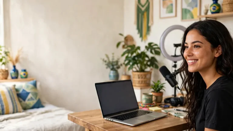 Cam girl informações Brasil: modelo webcam trabalhando de casa com notebook, microfone e ring light
