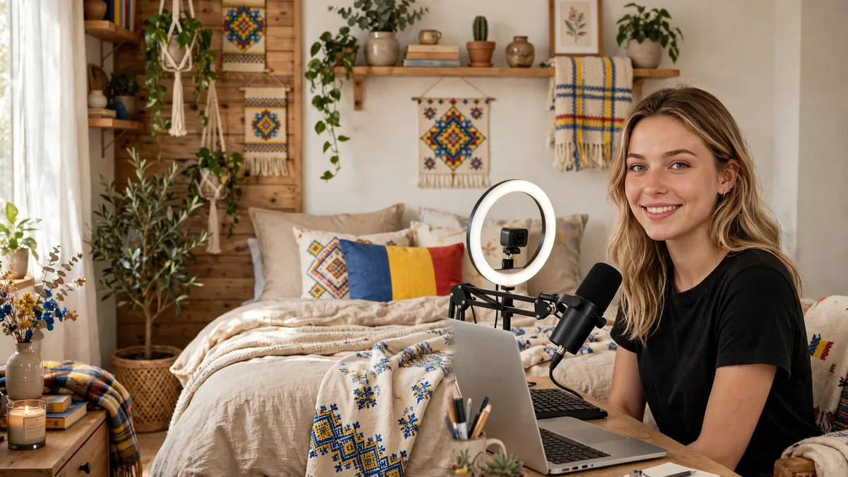 Cam girl informații România: model webcam care lucrează de acasă cu laptop, microfon și lumină inelară