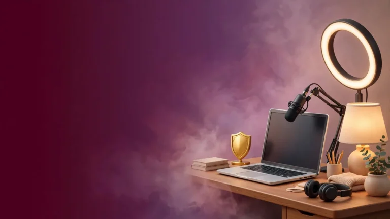 Lavorare come camgirl, guadagni e privacy: postazione da casa con portatile, ring light, microfono, cuffie e scudo dorato