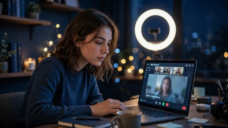 Camgirl che cerca info e consigli al portatile di sera, con ring light e luci soffuse, prima di scegliere il sito su cui lavorare