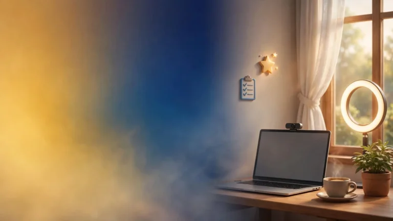 Camgirl información y consejos: escritorio con laptop y cámara web, aro de luz, lista de verificación y estrella junto a la ventana