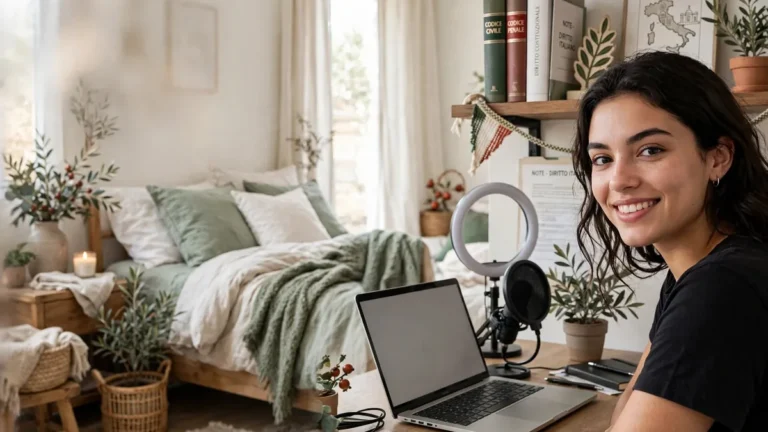 È legale fare la camgirl in Italia: ragazza nella sua stanza con laptop, luce ad anello e codici di legge italiani
