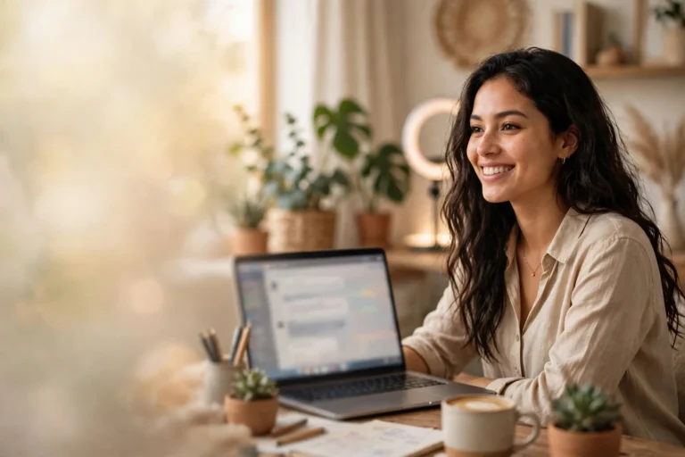 Camgirl com tradutor: jovem brasileira conversando em videochat com tradução automática no notebook
