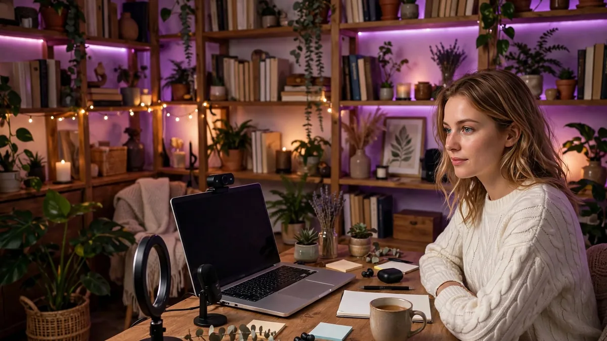 Ce este videochatul: model webcam care lucrează în videochat de acasă, cu laptop și lumină inelară