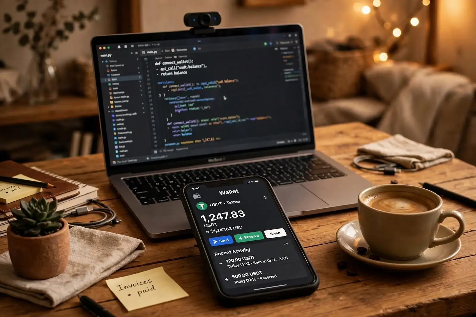 Modelo webcam en Bolivia: portátil y celular con billetera digital para cobrar en dólares o USDT