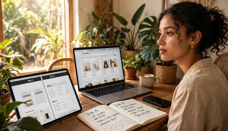 Camera Privê ou sites internacionais: modelo comparando plataformas no notebook e no tablet