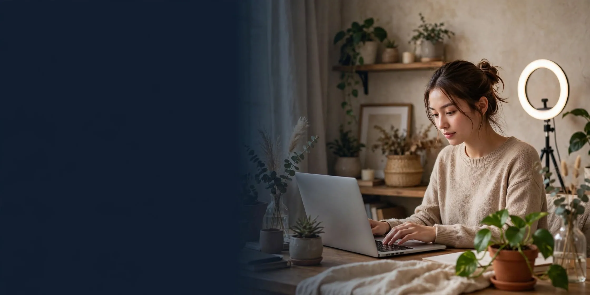 Videochat de acasă: tânără care începe ca model de videochat, la laptop cu ring light