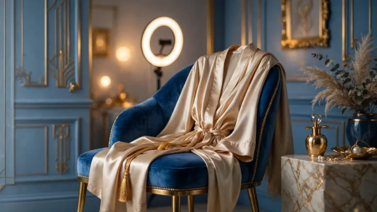 Erotic vs pornographic: silk robe on a velvet chair in an elegant room, sensuality suggested without showing