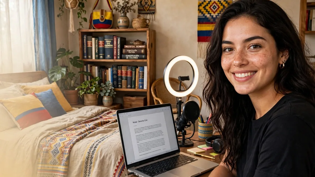 Es legal ser camgirl en Colombia: modelo webcam en su habitación con computador, aro de luz y libros de derecho colombiano