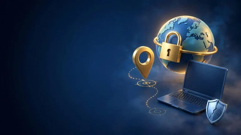 Geoblocco per camgirl e privacy: globo chiuso da un lucchetto dorato, segnaposto spostato dal bersaglio e scudo incrinato accanto al portatile