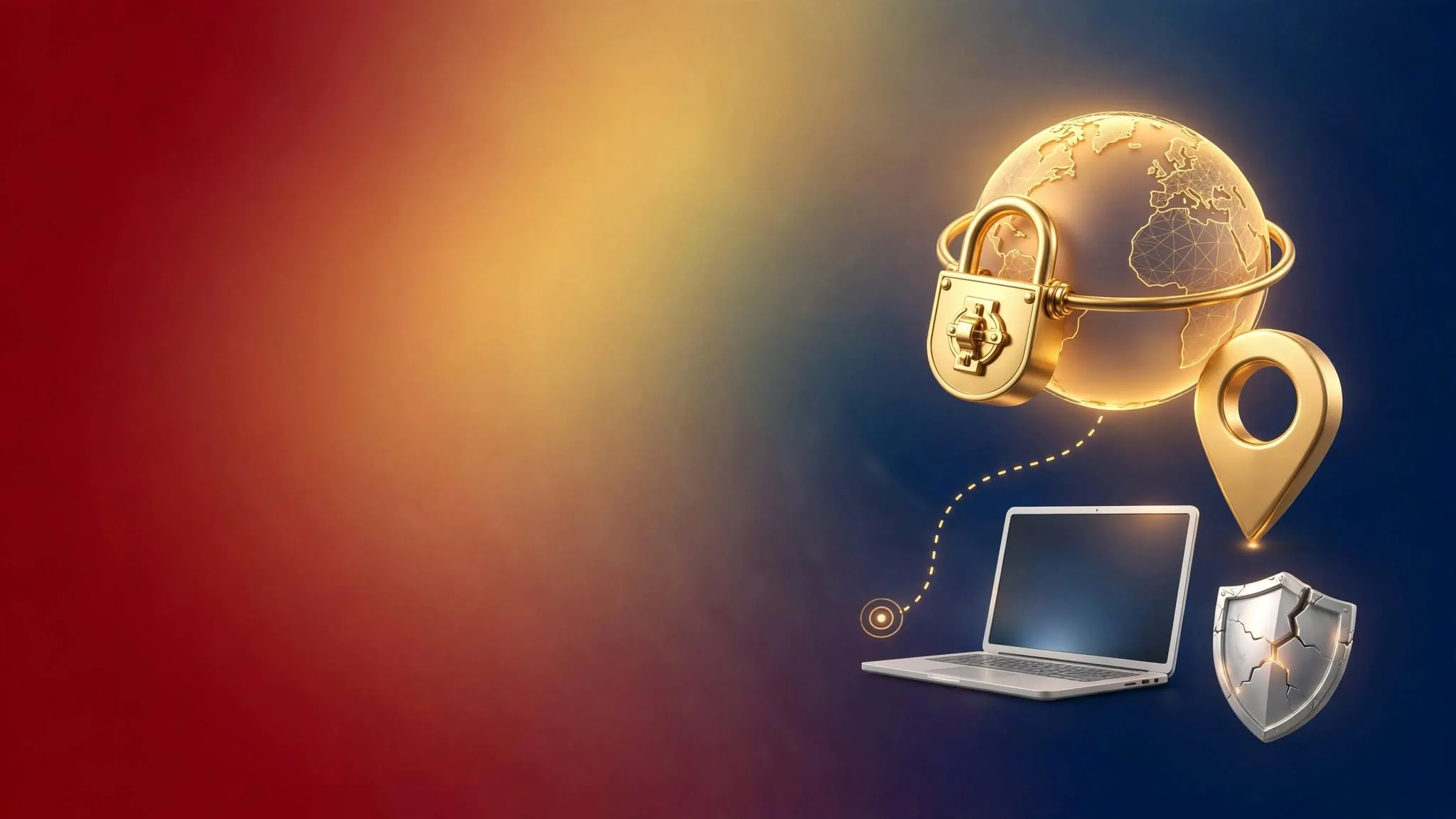 Geobloqueo para camgirls y privacidad: globo dorado cerrado con candado, marcador de ubicación desplazado, laptop y escudo agrietado