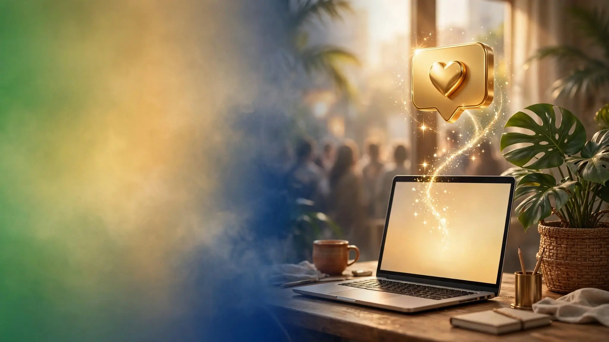 Dicas para camgirl: notebook em casa com um coração dourado, símbolo de um público fiel