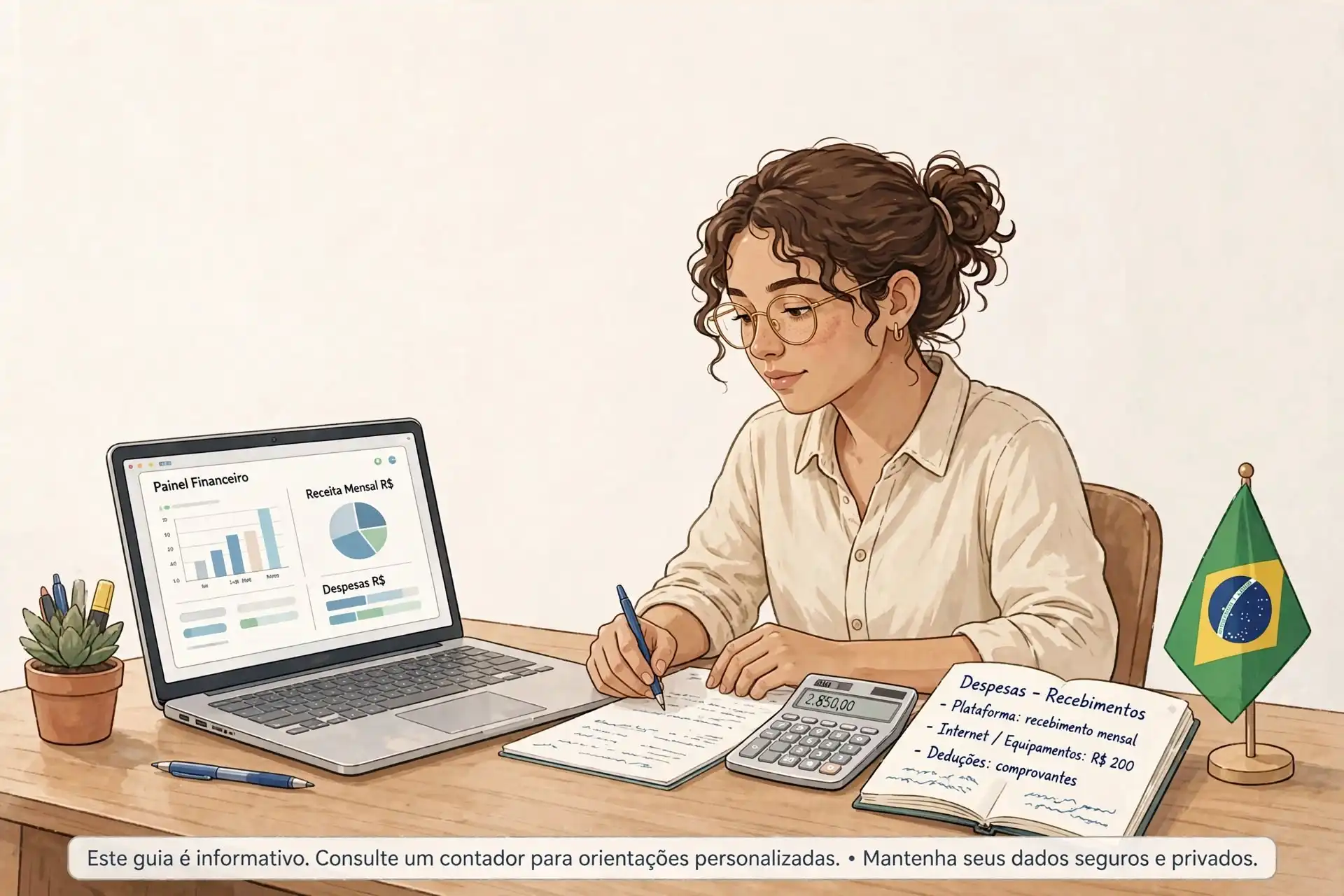 Guia fiscal para camgirl no Brasil organizando impostos MEI e Carnê-Leão em home office com notebook e calculadora