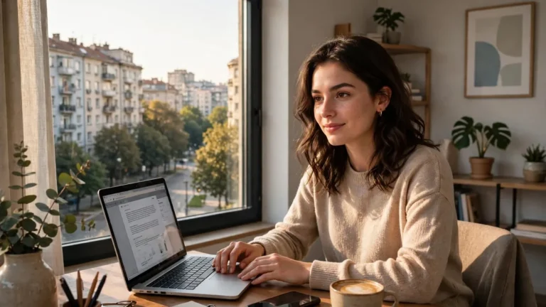 Model webcam în București lucrând de acasă, fără studio