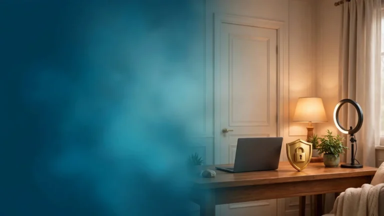 Model webcam fără să te dezbraci în public: birou de acasă cu laptop, scut auriu cu lacăt, lampă și inel de lumină, ușa închisă