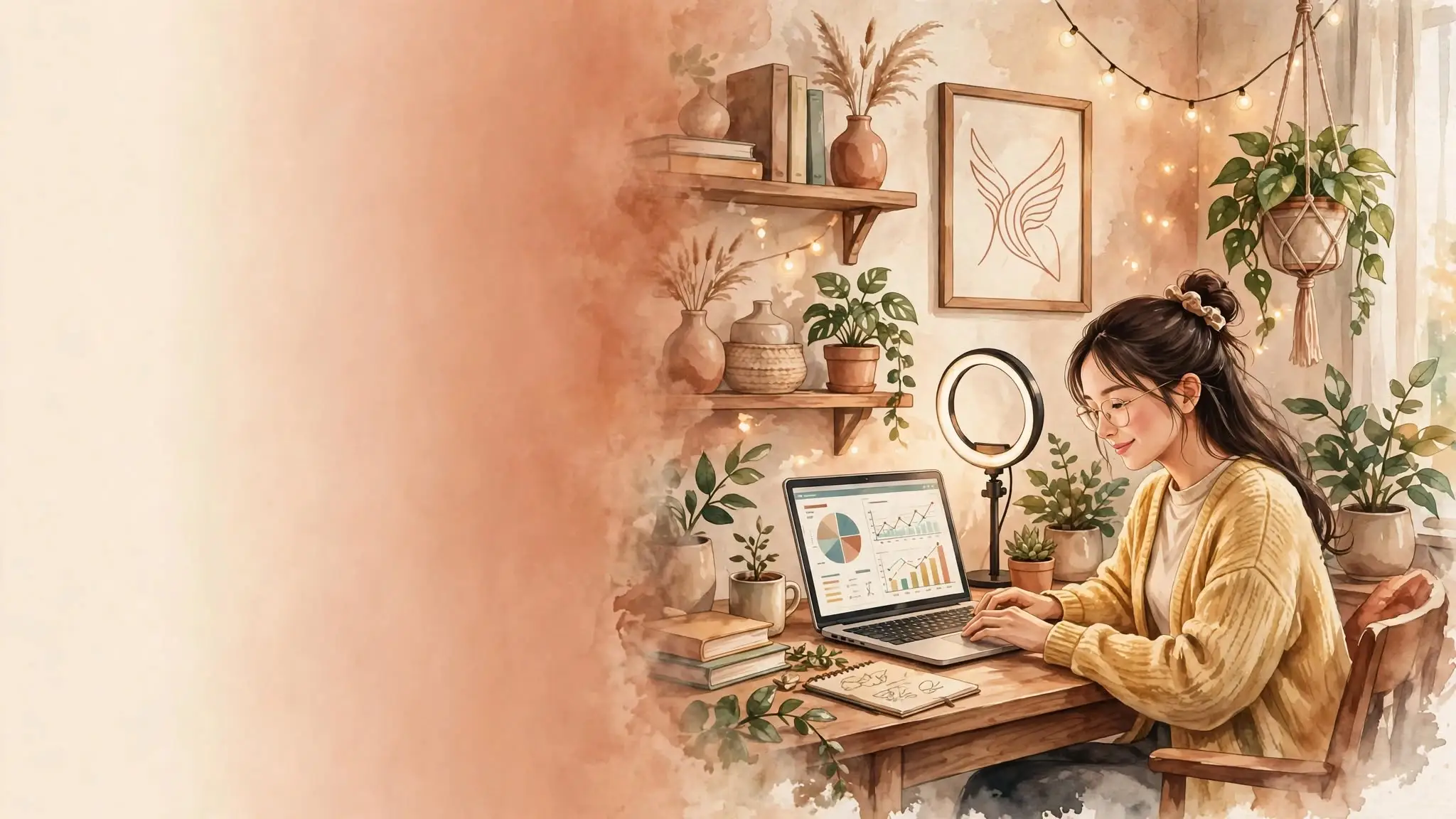 Modelaje en línea desde tu casa: modelo webcam trabajando en su laptop con aro de luz, plantas y luces cálidas en su cuarto