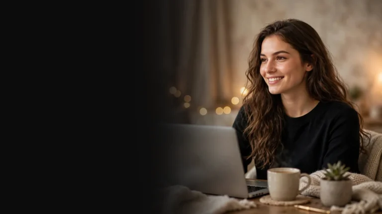 Modelo webcam sem tirar a roupa em público: jovem sorridente e vestida conversando no notebook, com xícara de café em casa