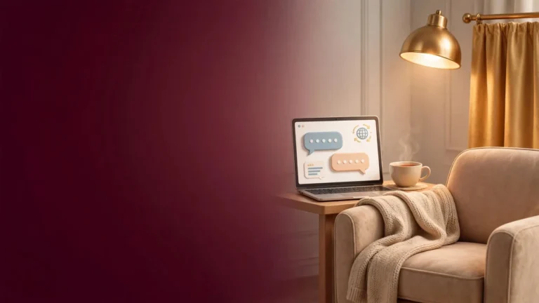 Modelo webcam sin desnudarse en público: laptop con chat y traductor, sillón con cárdigan, taza de té y cortina dorada