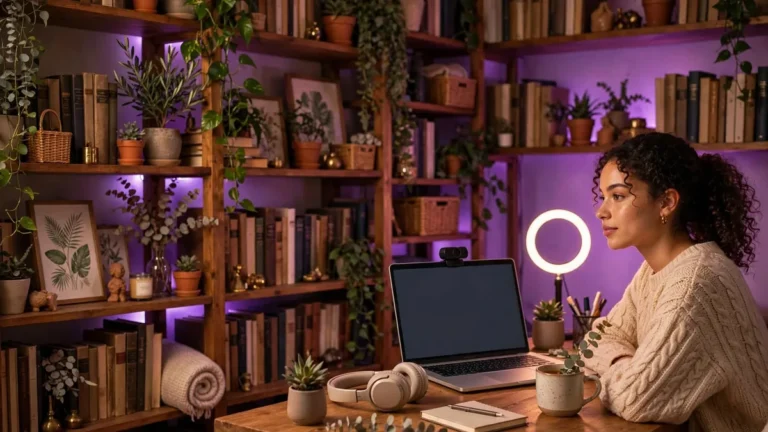 O que é uma camgirl: modelo webcam trabalhando de casa com notebook e ring light