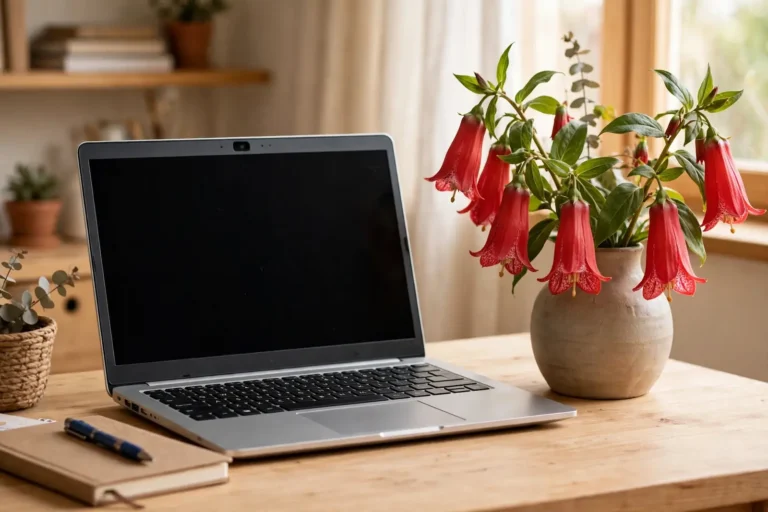 Modelo webcam en Chile: portátil con cámara y flores de copihue en el escritorio, trabajo desde casa