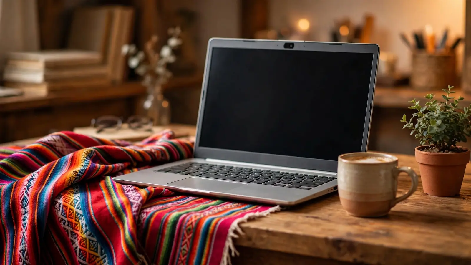Modelo webcam en Perú: portátil con cámara sobre un textil andino, trabajo desde casa
