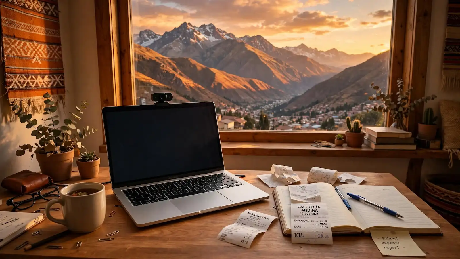 Modelo webcam en Ecuador: portátil con cámara junto a una ventana con vista a los Andes, trabajo desde casa