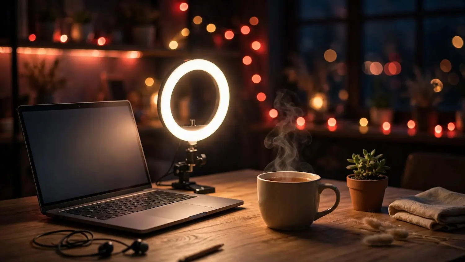 Stripchat per modelle: portatile e ring light accesi in una postazione di casa, guida completa per iniziare