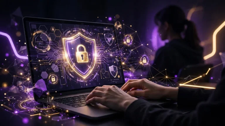 Privacidade e segurança para camgirl: notebook com escudo e cadeado digital protegendo a identidade online