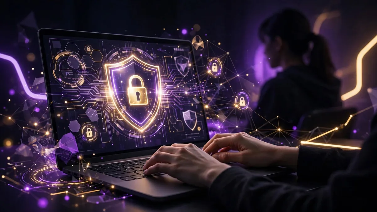 Privacidade e segurança para camgirl: notebook com escudo e cadeado digital protegendo a identidade online