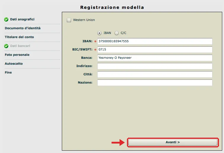 Cadastro na StudioHotLine: dados de pagamento com IBAN e BIC/SWIFT