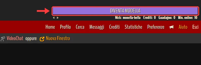 Cadastro na StudioHotLine: botão Diventa modella (Seja modelo) depois do login