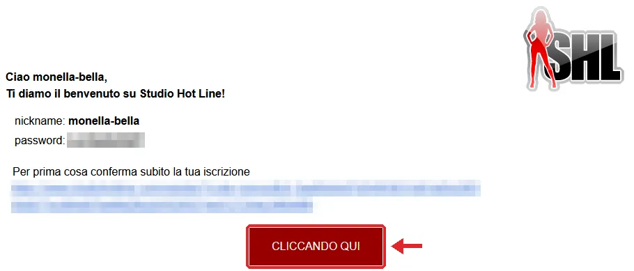 Cadastro na StudioHotLine: e-mail de confirmação com o botão Cliccando qui