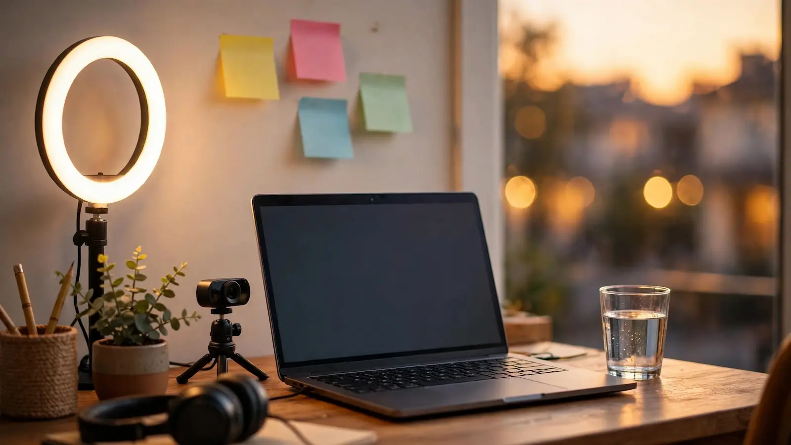 Tips para modelo webcam: ring light, cámara y notas adhesivas en el escritorio, consejos para empezar
