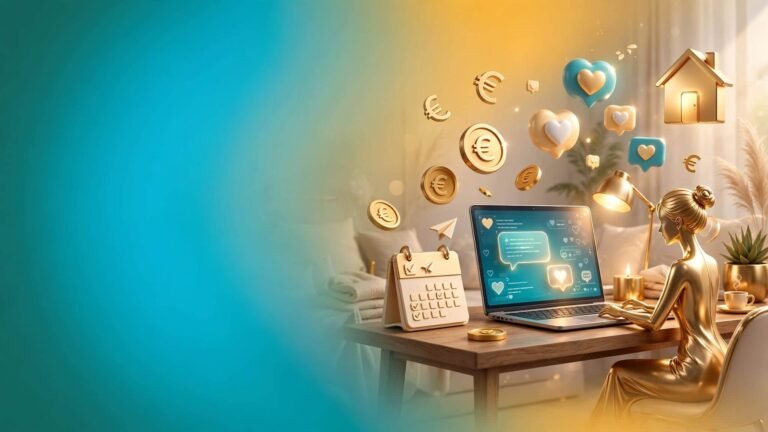Ser camgirl desde casa: figura dorada trabajando en una laptop con mensajes y corazones, calendario, monedas de euro y una casa que representan la libertad del videochat