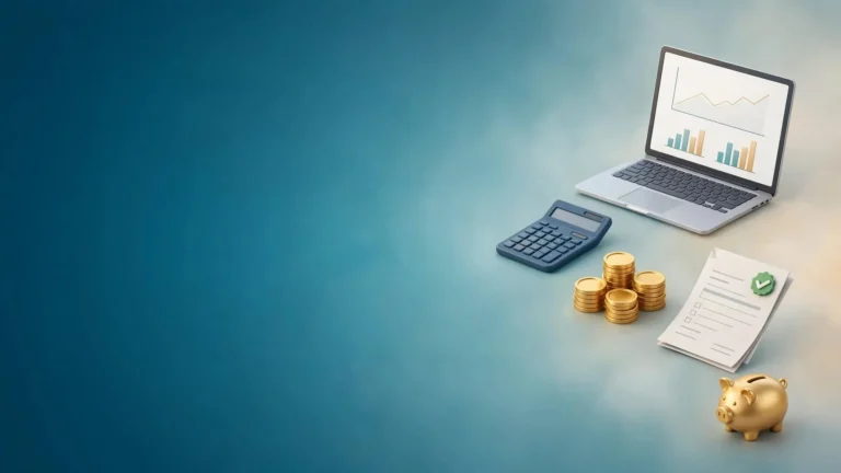 Taxe model online ANAF: calculator, monede aurii, formular fiscal bifat, pușculiță și laptop cu grafice