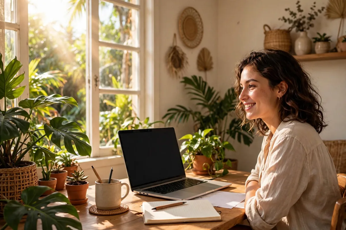 Trabalhar em casa: mulher trabalhando no notebook em um ambiente aconchegante
