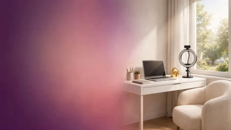 Videochat de acasă fără studio: birou luminos cu laptop, inel de lumină cu cameră web, căsuță aurie și fotoliu lângă fereastră