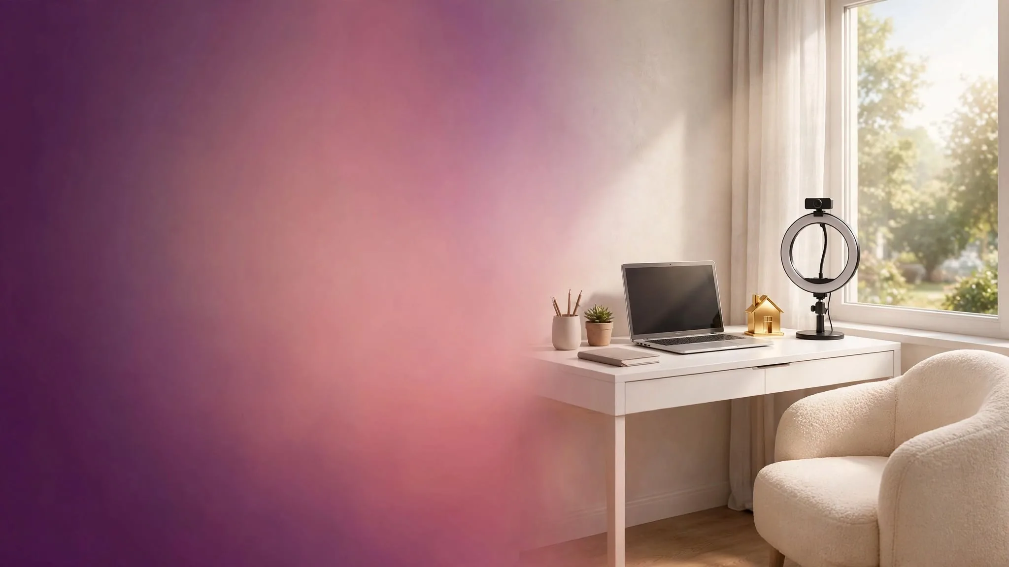 Videochat de acasă fără studio: birou luminos cu laptop, inel de lumină cu cameră web, căsuță aurie și fotoliu lângă fereastră